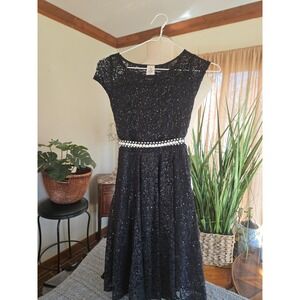 JUST KIDS - Girls Black Lace Sequin Dress Pearl Embellished Belt - Size 12